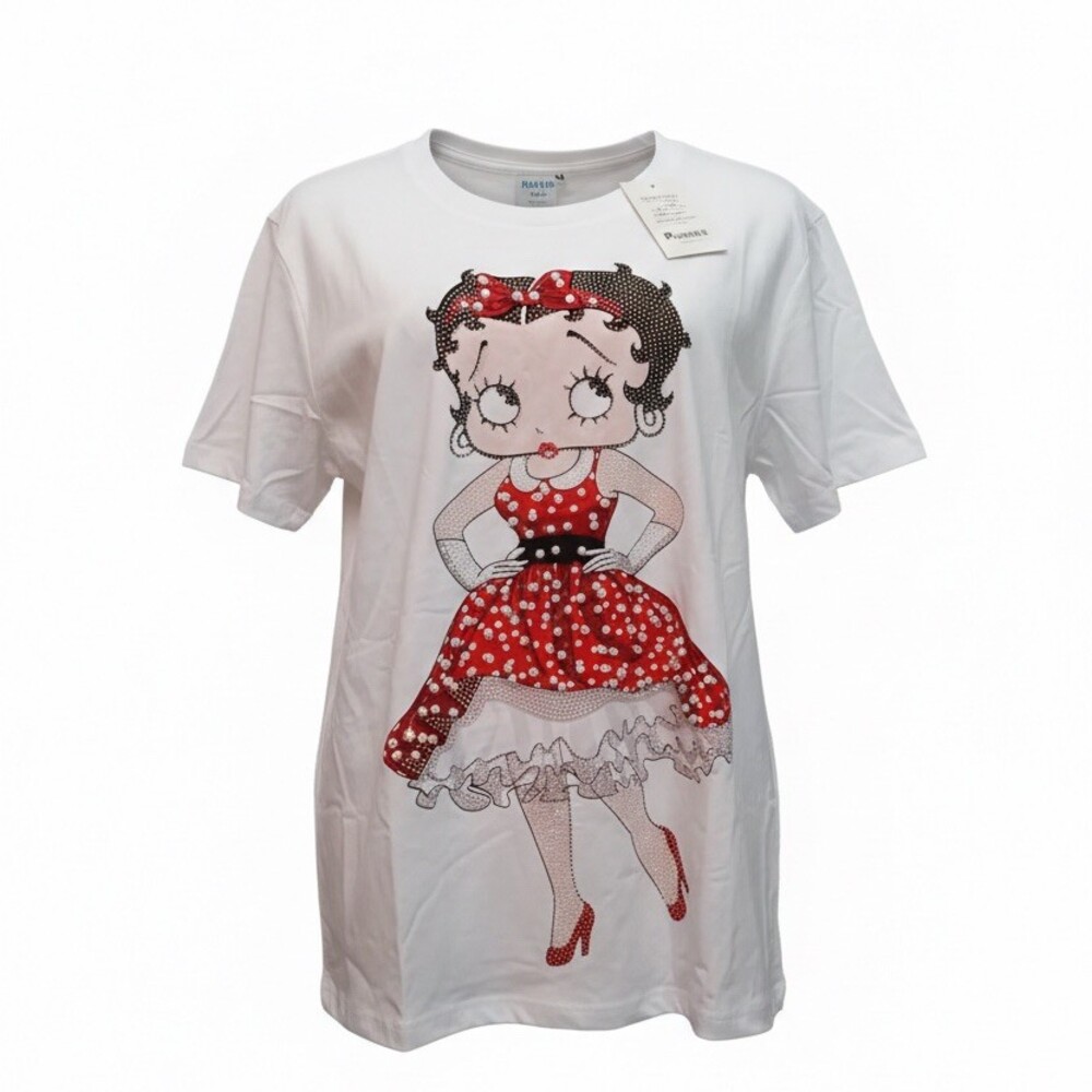 BLING Betty Boop Graphic Tee Womens LARGE / XL White Rhinestone Beaded Crew Neck - Picture 5 of 7